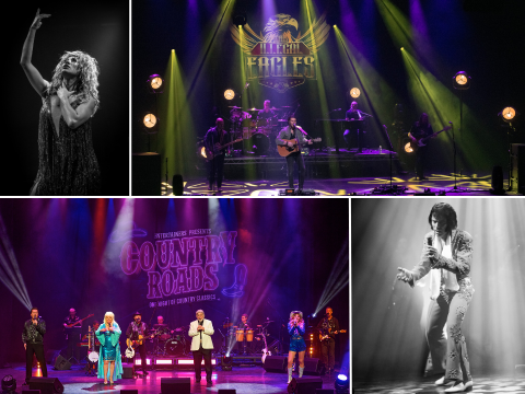 A collage of images showing a Tina Turner tribute act in the left top corner, The Illegal Eagles on stage in the right top corner, Country Roads on stage in the left bottom corner and an Elvis tribute act in the right bottom corner.